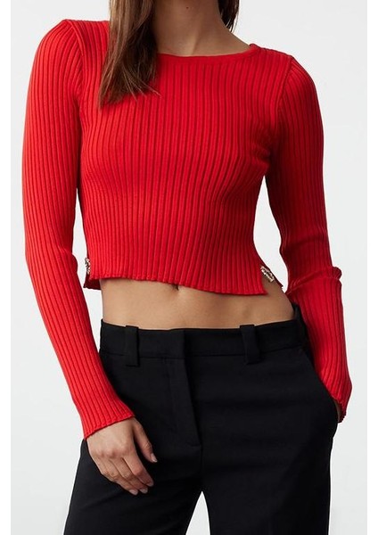 Kadın Moda Şık Bisiklet Yaka Standart Kol Crop Kalp Aksesuarlı Triko Kazak