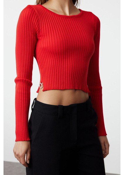 Kadın Moda Şık Bisiklet Yaka Standart Kol Crop Kalp Aksesuarlı Triko Kazak