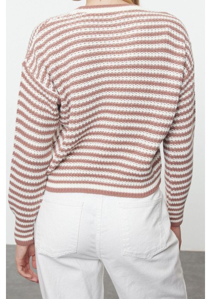 Kadın Moda Şık Bisiklet Yaka Standart Kol Crop Çizgili Triko Kazak