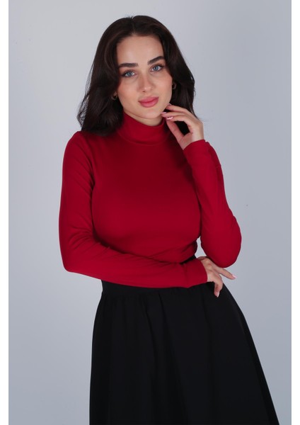 Kadın Kırmızı Uzun Kol Basic Crop Bluz