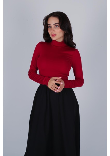 Kadın Kırmızı Uzun Kol Basic Crop Bluz modelleri
