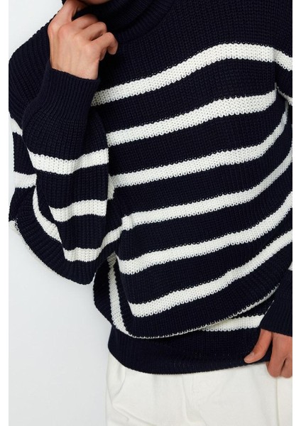 Unisex Moda Şık Balıkçı Yaka Düşük Kol Regular Casual Unisex Fit Geniş Kalıp Çizgili Triko Kazak
