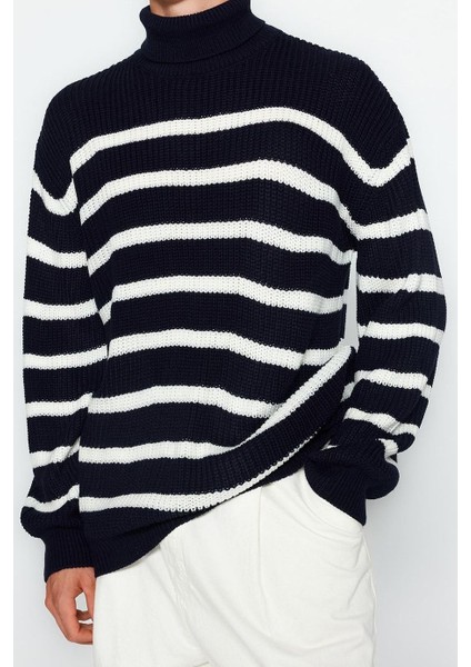 Unisex Moda Şık Balıkçı Yaka Düşük Kol Regular Casual Unisex Fit Geniş Kalıp Çizgili Triko Kazak