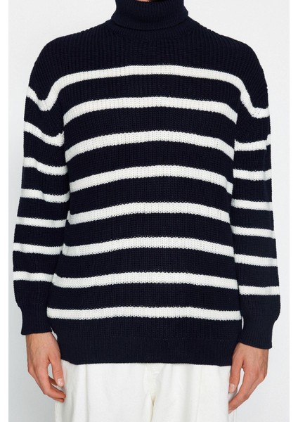 Unisex Moda Şık Balıkçı Yaka Düşük Kol Regular Casual Unisex Fit Geniş Kalıp Çizgili Triko Kazak