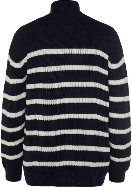 Unisex Moda Şık Balıkçı Yaka Düşük Kol Regular Casual Unisex Fit Geniş Kalıp Çizgili Triko Kazak