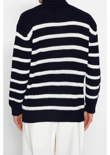 Unisex Moda Şık Balıkçı Yaka Düşük Kol Regular Casual Unisex Fit Geniş Kalıp Çizgili Triko Kazak indirimleri