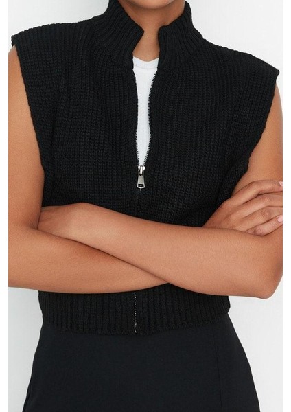 Kadın Moda Şık Dik Yaka Standart Kol Crop Fermuarlı Basic Triko Yelek