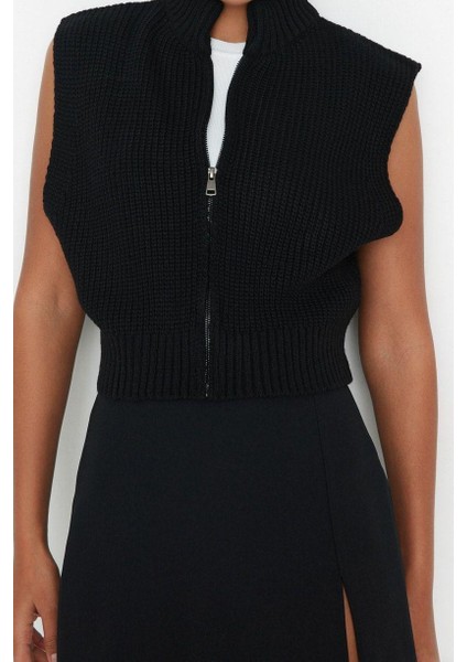 Kadın Moda Şık Dik Yaka Standart Kol Crop Fermuarlı Basic Triko Yelek