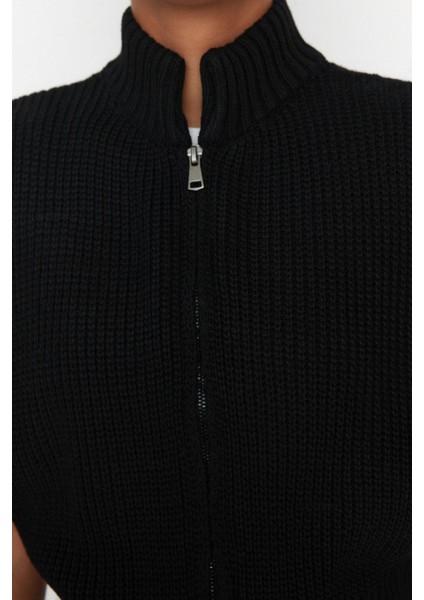 Kadın Moda Şık Dik Yaka Standart Kol Crop Fermuarlı Basic Triko Yelek