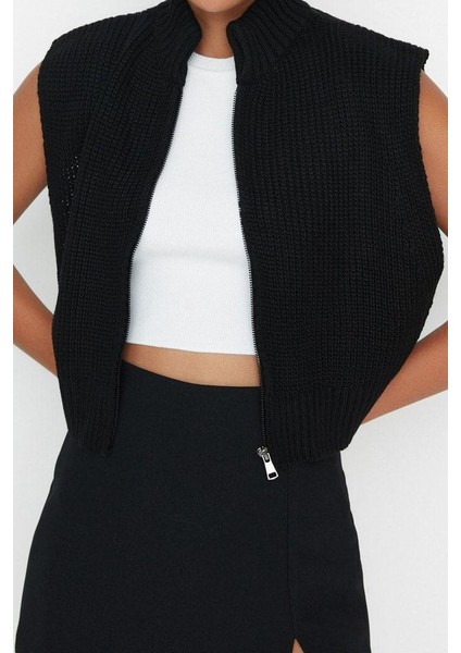 Kadın Moda Şık Dik Yaka Standart Kol Crop Fermuarlı Basic Triko Yelek