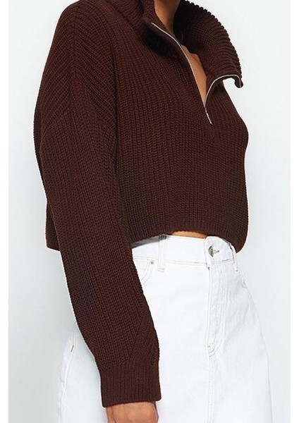 Kadın Moda Şık Dik Yaka Standart Kol Crop Süper Fermuarlı Triko Kazak modelleri