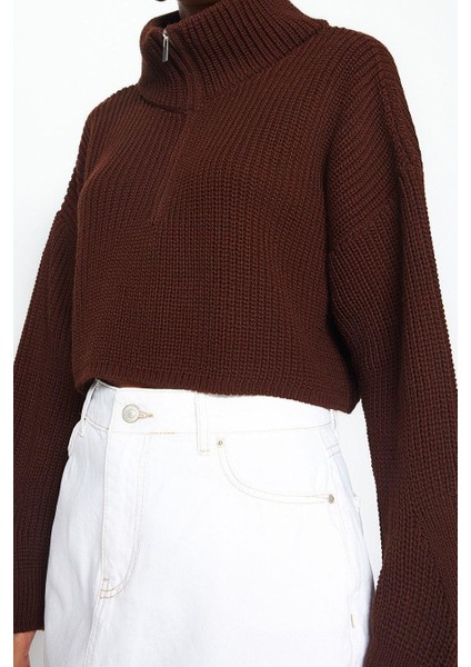 Kadın Moda Şık Dik Yaka Standart Kol Crop Süper Fermuarlı Triko Kazak fırsatları