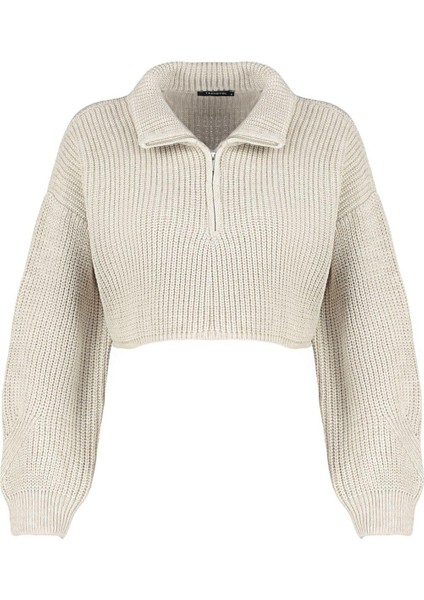 Kadın Moda Şık Dik Yaka Standart Kol Crop Süper Fermuarlı Triko Kazak