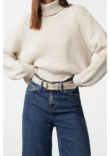 Kadın Moda Şık Balıkçı Yaka Reglan Kol Crop Triko Kazak