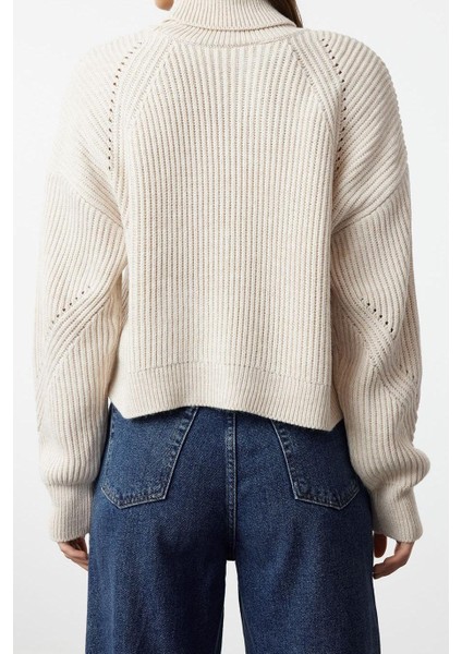 Kadın Moda Şık Balıkçı Yaka Reglan Kol Crop Triko Kazak