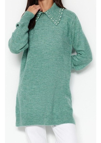 Kadın Moda Şık Tesettür Polo Yaka Balon Kol Midi Bebe Yaka Incili Yumuşak Triko Kazak