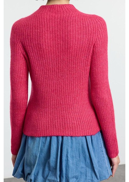 Kadın Moda Şık Dik Yaka Reglan Kol Regular Yumuşak Dokulu Triko Kazak