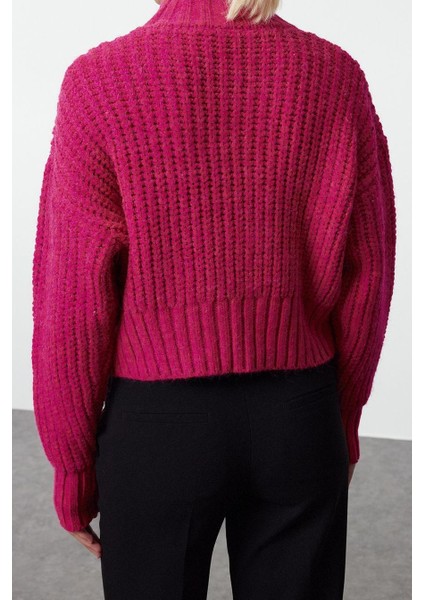 Kadın Moda Şık Dik Yaka Standart Kol Crop Yumuşak Dokulu Basic Kalın Örgü Detaylı Triko Kazak