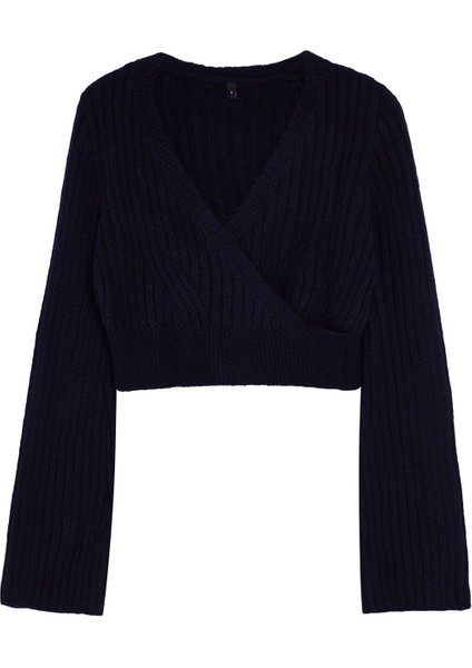 Kadın Moda Şık Kruvaze Standart Kol Crop Yumuşak Dokulu Triko Kazak
