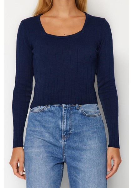 Kadın Moda Şık Kare Yaka Standart Kol Crop Triko Kazak