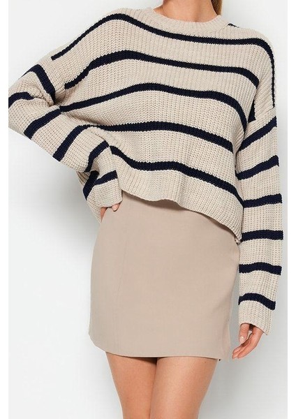 Kadın Moda Şık Bisiklet Yaka Düşük Kol Crop Basic Çizgili Triko Kazak