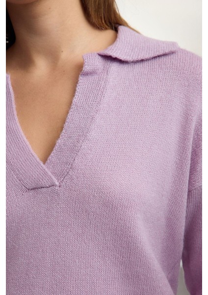 Kadın Moda Şık Polo Yaka Standart Kol Regular Geniş Kalıp Yumuşak Dokulu Basic Triko Kazak