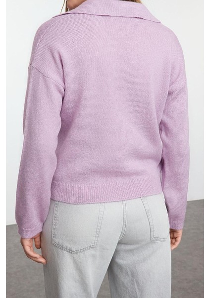 Kadın Moda Şık Polo Yaka Standart Kol Regular Geniş Kalıp Yumuşak Dokulu Basic Triko Kazak