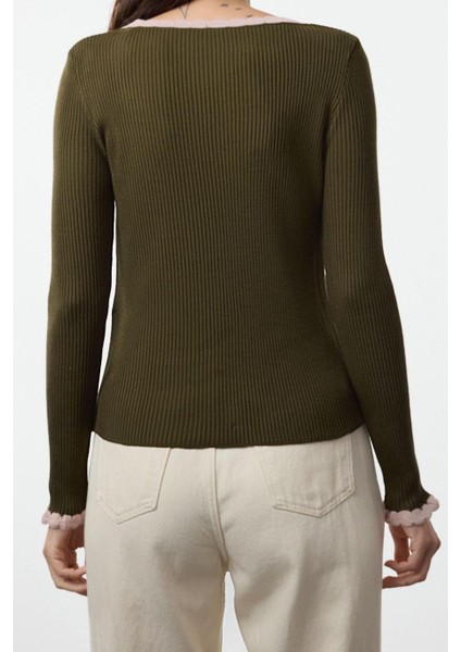 Kadın Moda Şık Havuz Yaka Standart Kol Regular Fitilli Renk Bloklu Triko Kazak indirimleri