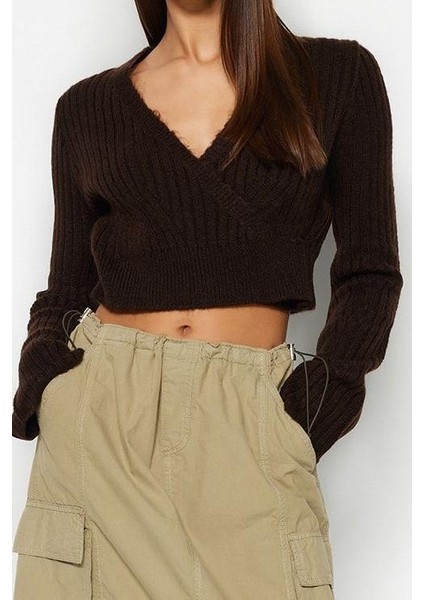 Kadın Moda Şık Kruvaze Standart Kol Crop Yumuşak Dokulu Triko Kazak modelleri