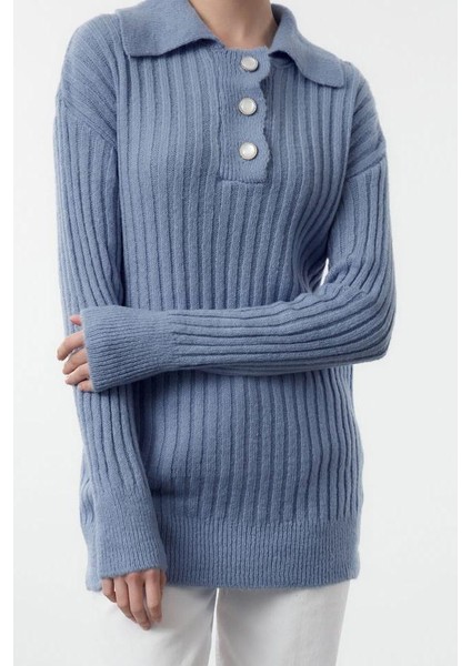 Kadın Moda Şık Tesettür Polo Yaka Standart Kol Midi Yumuşak Dokulu Triko Kazak