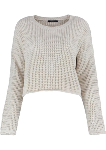 Kadın Moda Şık Bisiklet Yaka Düşük Kol Crop Geniş Kalıp Triko Kazak