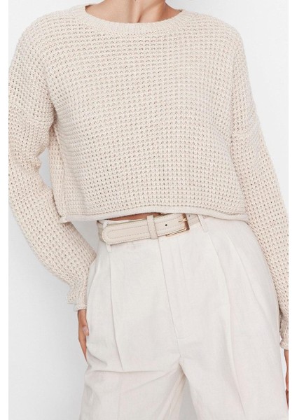 Kadın Moda Şık Bisiklet Yaka Düşük Kol Crop Geniş Kalıp Triko Kazak modelleri