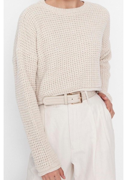 Kadın Moda Şık Bisiklet Yaka Düşük Kol Crop Geniş Kalıp Triko Kazak fırsatları