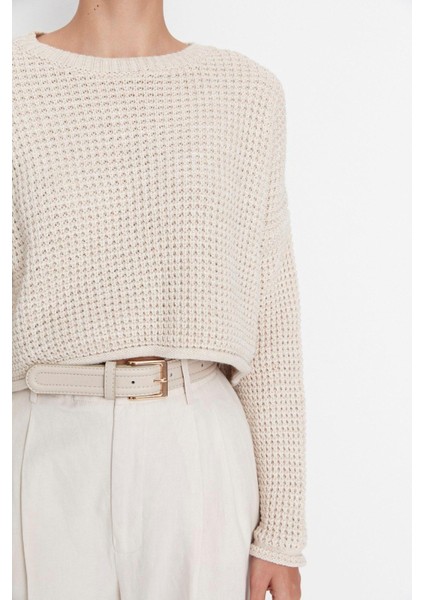 Kadın Moda Şık Bisiklet Yaka Düşük Kol Crop Geniş Kalıp Triko Kazak indirimleri