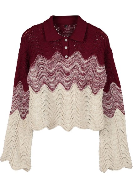 Kadın Moda Şık Polo Yaka Standart Kol Crop Mücevher Düğmeli Triko Kazak