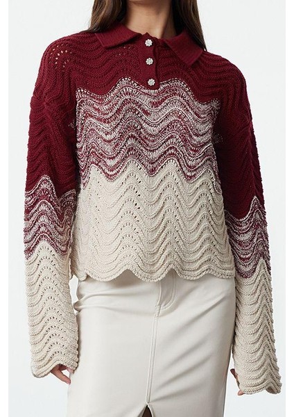 Kadın Moda Şık Polo Yaka Standart Kol Crop Mücevher Düğmeli Triko Kazak