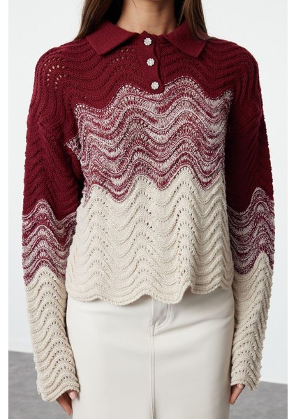 Kadın Moda Şık Polo Yaka Standart Kol Crop Mücevher Düğmeli Triko Kazak