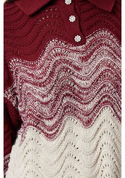 Kadın Moda Şık Polo Yaka Standart Kol Crop Mücevher Düğmeli Triko Kazak