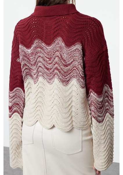 Kadın Moda Şık Polo Yaka Standart Kol Crop Mücevher Düğmeli Triko Kazak