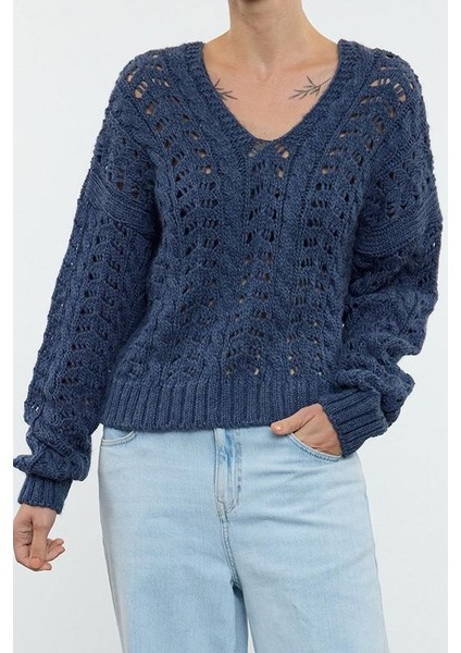 Kadın Moda Şık Bisiklet Yaka Standart Kol Regular Indigo Yumuşak Dokulu Triko Kazak