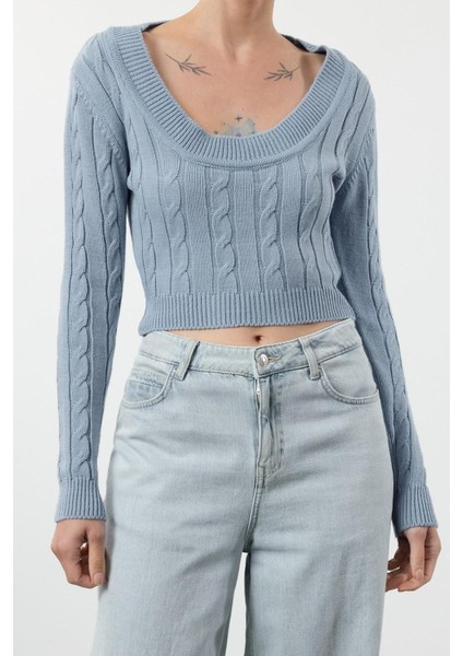 Kadın Moda Şık Kare Yaka Standart Kol Crop Saç Örgülü Triko Kazak
