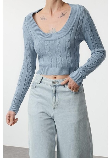 Kadın Moda Şık Kare Yaka Standart Kol Crop Saç Örgülü Triko Kazak