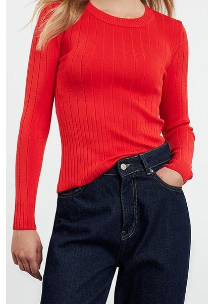 Kadın Moda Şık Bisiklet Yaka Standart Kol Regular Basic Triko Kazak