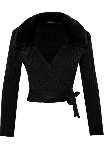 Kadın Moda Şık V Yaka Standart Kol Regular Crop Suni Kürk Detaylı Triko Kazak