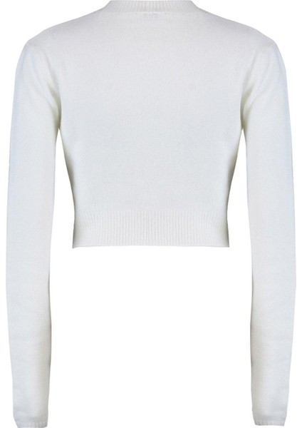 Kadın Moda Şık Bisiklet Yaka Standart Kol Crop Yumuşak Dokulu Triko Kazak