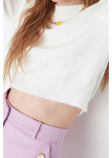 Kadın Moda Şık Bisiklet Yaka Standart Kol Crop Yumuşak Dokulu Triko Kazak