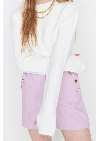 Kadın Moda Şık Bisiklet Yaka Standart Kol Crop Yumuşak Dokulu Triko Kazak