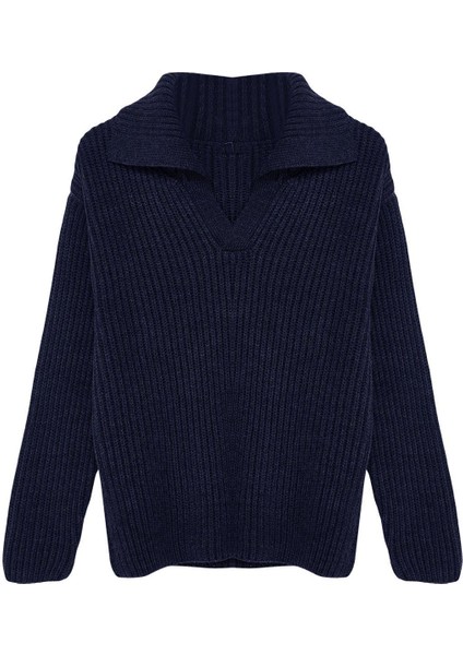 Kadın Moda Şık Devrik Yaka Düşük Kol Regular Basic Triko Kazak