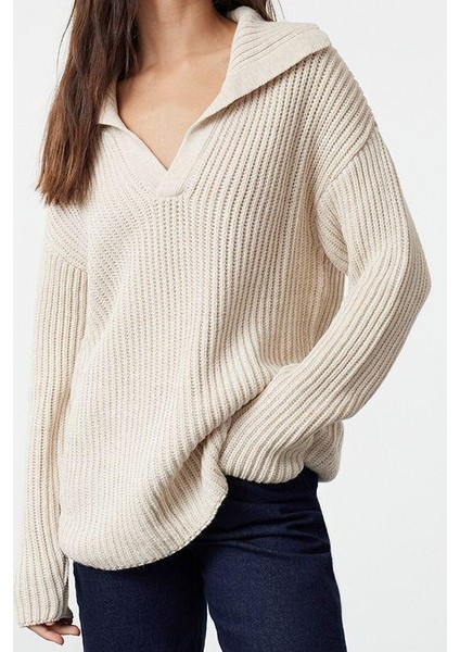 Kadın Moda Şık Devrik Yaka Düşük Kol Regular Basic Triko Kazak modelleri