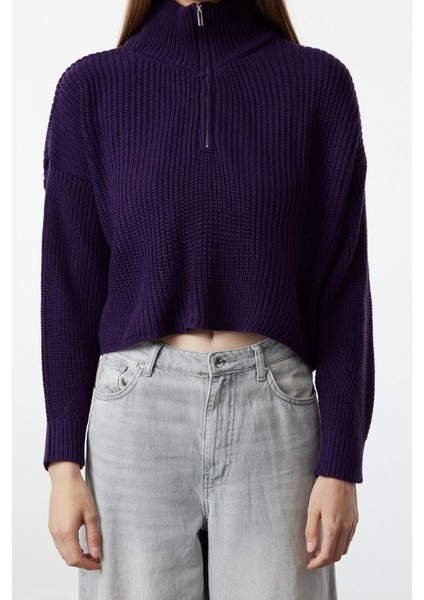 Kadın Moda Şık Dik Yaka Standart Kol Crop Süper Fermuarlı Triko Kazak